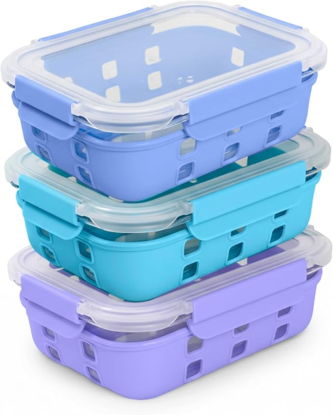 ECOBERI 4.5 Cup Glass Meal Prep Containers with Lids & Silicone Sleeves, 3-Pack Airtight, Leak-Resistant Food Storage Containers for Fridge, Freezer, Oven & Microwave