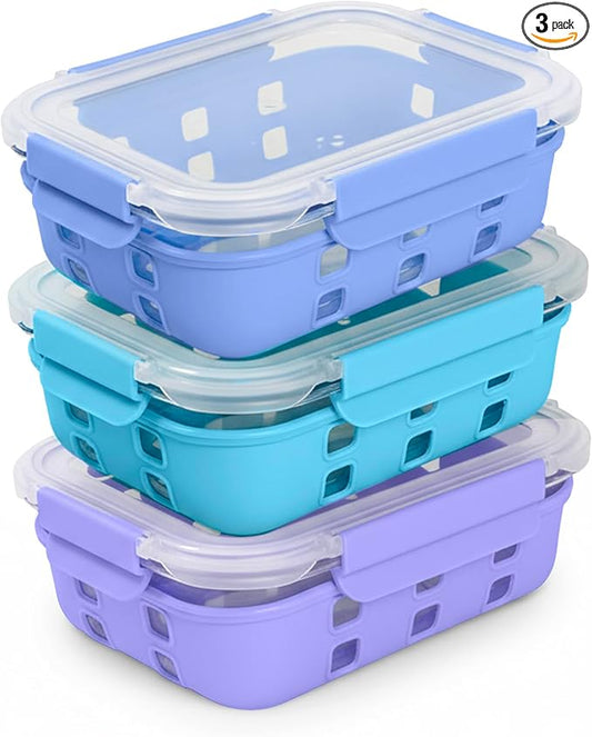 ECOBERI 4.5 Cup Glass Meal Prep Containers with Lids & Silicone Sleeves, 3-Pack Airtight, Leak-Resistant Food Storage Containers for Fridge, Freezer, Oven & Microwave