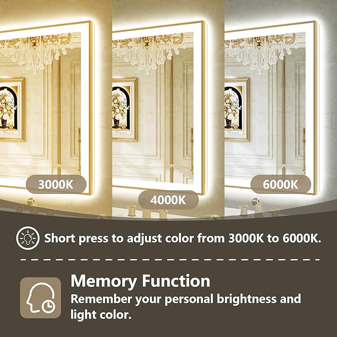 66x36 Inch LED Bathroom Mirror with Lights (Front Lit and Backlit) Gold Framed Lighted Vanity Mirror for Bathroom Wall Dimmable Anti-Fog Memory Tempered Glass Horizontal/Vertical