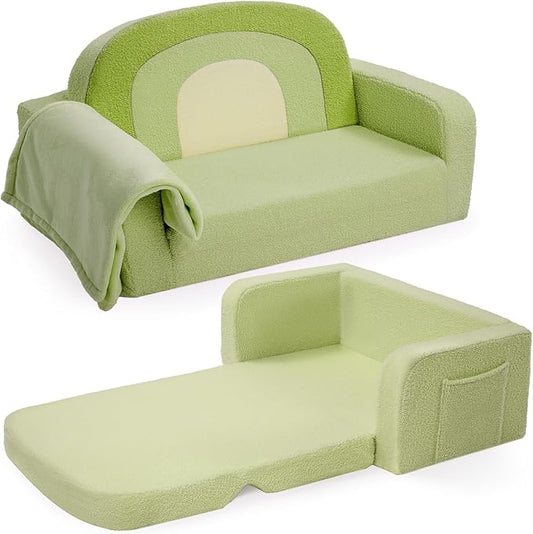 Extra Wide Kids Couch, 2-in-1 Soft Toddler Couch with Blanket, Comfy Toddler Chair, Convertible Sofa with Cute Rainbow Design, Green