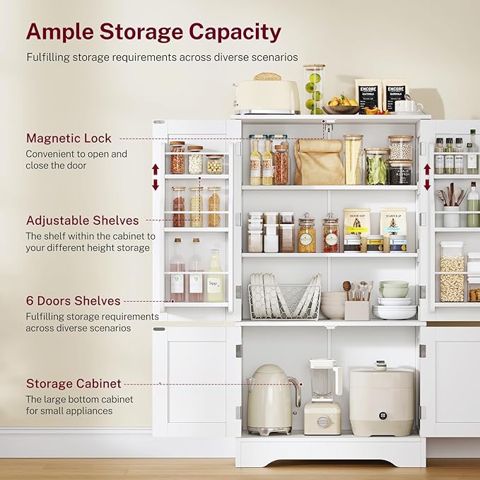 TEENFON 43'H Pantry Cabinet with 4 Doors, Kitchen Cabinet with 6 Door Shelves, Kitchen Pantry for Living Room, Dining Room, Bathroom, White