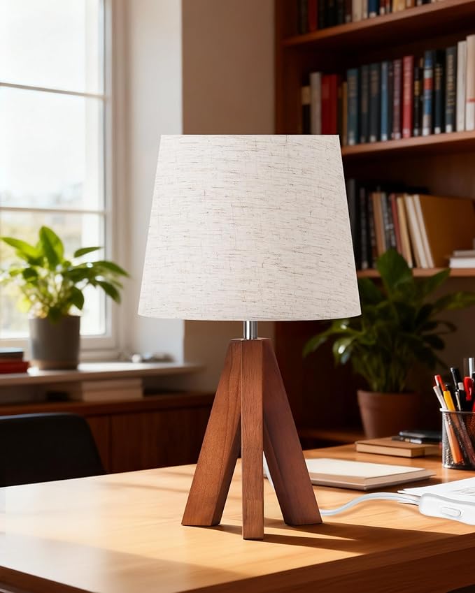 Wood Tripod Table Lamp — Warm Ambient Glow, Beige Fabric Shade