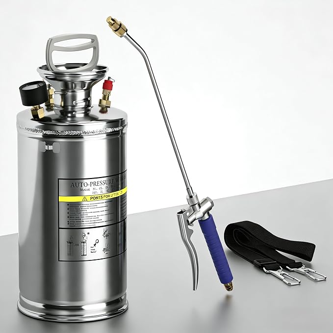 1.5 Gallon Hand Pump Sprayer, 304 Stainless Steel Garden Chemical Sprayer with Pressure Gauge, Adjustable Nozzle, 16" Sprayer Wand, 3.3ft Hose & Safety Valve