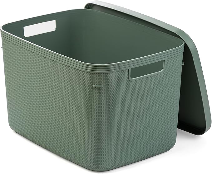 BINO | Plastic Storage Bins with Lids, 20 Liter - 3 Pack, Desert Green | THE TWILL COLLECTION | Plastic Bins for Organization | Woven Storage Baskets for Organizing | Pantry Shelf Organizer Basket Bin