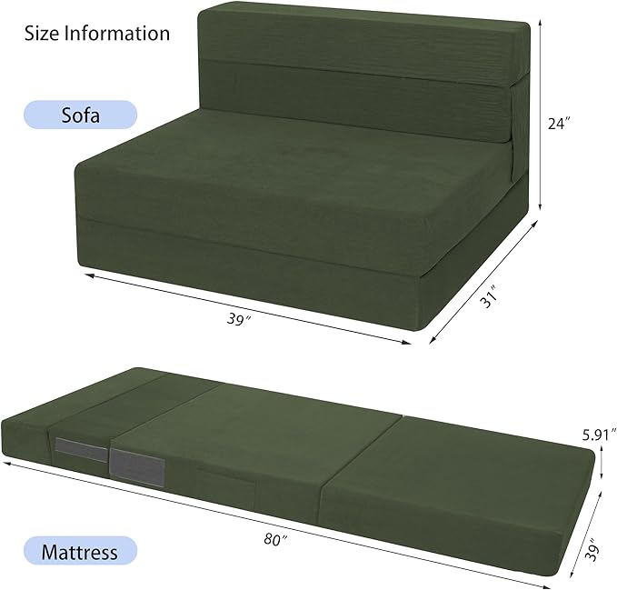 Sofa Bed Foldable Mattress ，Folding Sleeper Sofa Chair Bed Floor Mattress with Pillow for Living Room Home Office (Green-Corduroy, Twin XL)