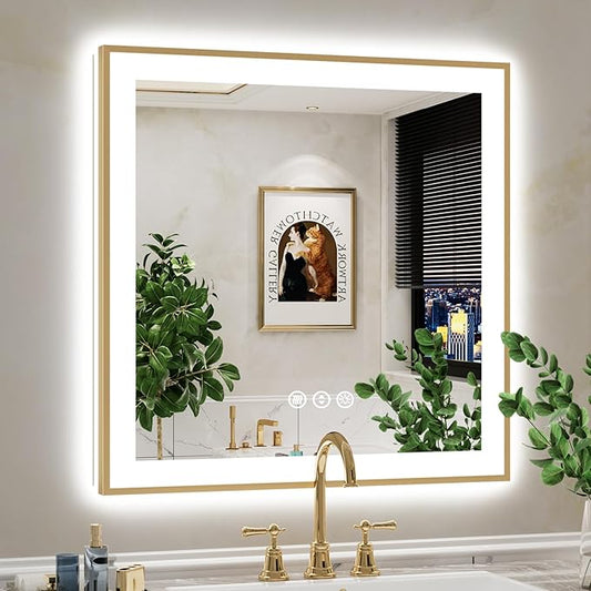 30x30 Inch LED Bathroom Mirror with Lights (Front Lit and Backlit) Gold Framed Lighted Vanity Mirror for Bathroom Wall Dimmable Anti-Fog Memory Tempered Glass Horizontal/Vertical