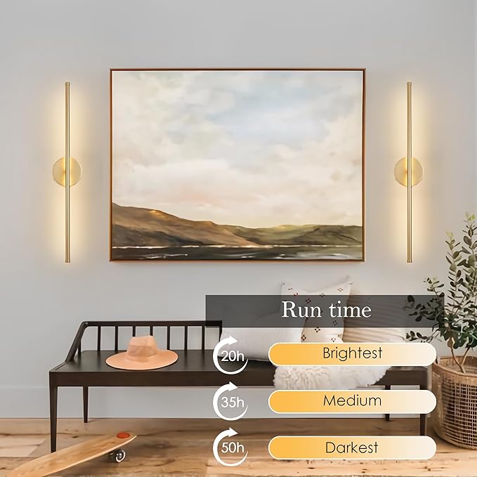 Battery Operated Wall Sconces Set of Two, with Remote Control, Dimmable, Warm White/Natural White/Daylight/RGB, 350°Rotate, LED Gold Wireless Wall Light for Living Room, Bedroom, 28.3 Inch