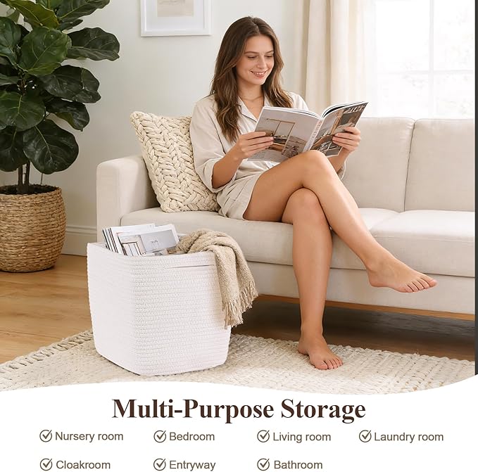 Storage Cubes 11 Inch Storage Baskets for Shelves, Cotton Rope Woven Baskets for Organizing, Cube Storage Square Bins for Toy, Playroom Decor, Classroom, Closet, White, 1pack