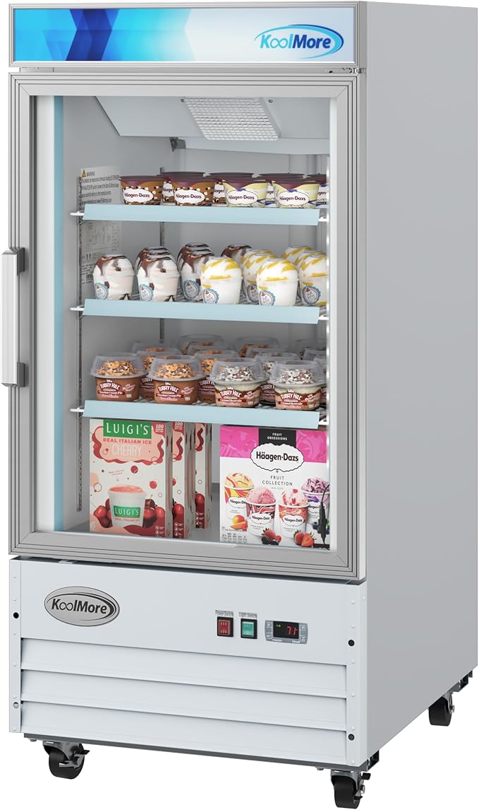 KoolMore MDF-1GD-9C-WH 26 in. Commercial One Glass Door Display Upright Freezer Merchandiser in White 9 Cu. Ft