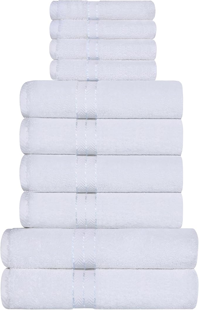 Superior Hotel Turkish Cotton 10 Piece Towel Set, Ultra Plush Spa Quality Heavyweight Essentials for Bathroom, Thick Absorbent and Soft, Dobby Border, Includes 2 Bath 4 Hand 4 Washcloths, White