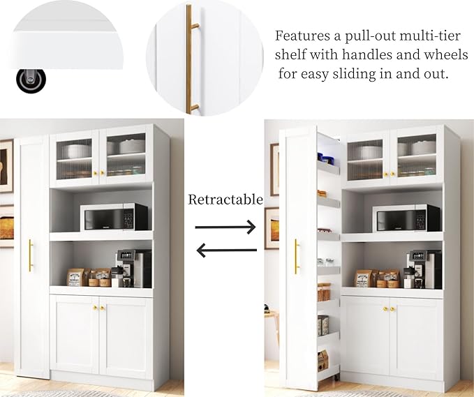 KEIKI 70.87" Tall Kitchen Pantry Storage Cabinet with Pull-Out Multi-Tier Shelf, Countertop, Glass Doors, Microwave Stand, Freestanding Wood Hutch Food Pantries Cupboard for Coffee Bar, Dining Room