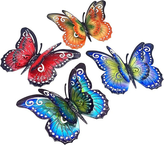 Metal Butterfly Outdoor Wall Decor- 6.5'' 3D Metal Colorful Hanging Double Wings Butterflies for Garden Yard Decoration Outdoor or Indoor Decor, Gifts for Mom Dad Friends (4 Pack)