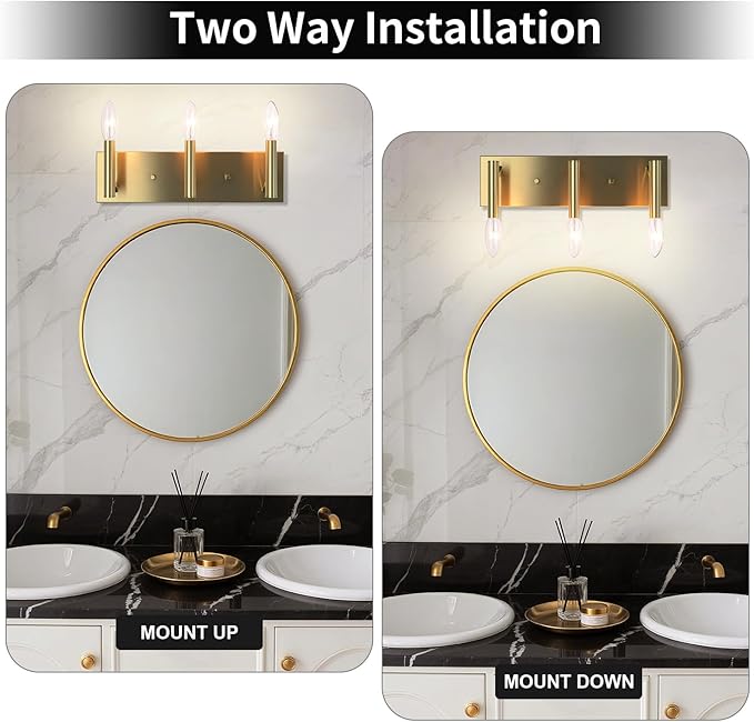 Kalium Bathroom Light Vanity Fixtures Over Mirror, 3-Lights Modern Brushed Gold Wall Sconces, Minimalist Wall Lights for Livingroom Bedroom Entryway Hallway Staircase, E12 Base(Bulbs Not Included)