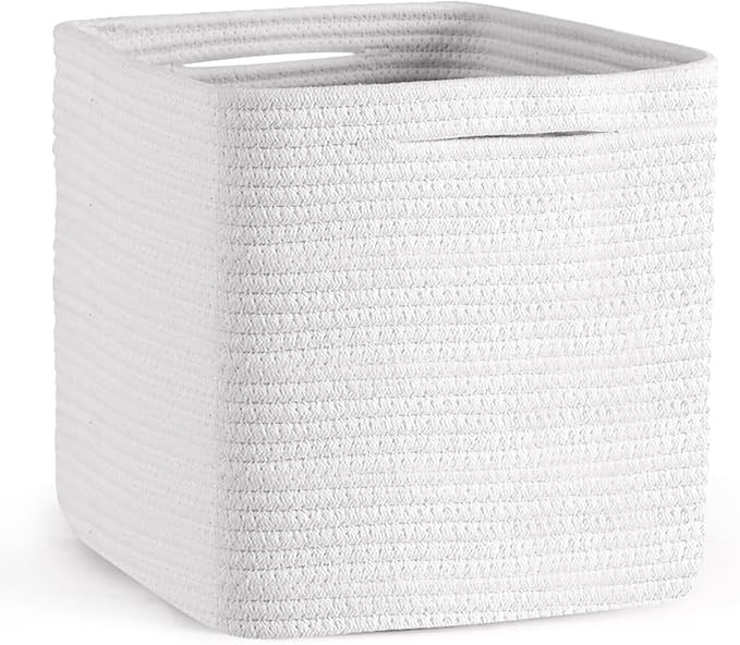 Storage Cubes 11 Inch Storage Baskets for Shelves, Cotton Rope Woven Baskets for Organizing, Cube Storage Square Bins for Toy, Playroom Decor, Classroom, Closet, White, 1pack