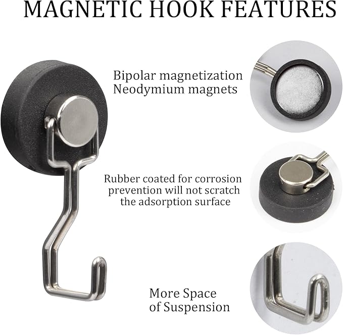 Rare Earth Strong Magnetic Hooks, Perfect for Cruise Ship Cabins and Kitchens, Waterproof Rubber Coated Magnetic Hooks(12, Sliver)