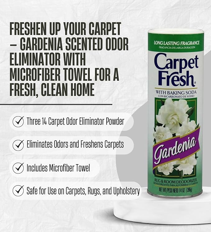 3x Carpet Fresh Gardenia Scent Carpet Odor Eliminator 14 oz Powder Bundle with Microfiber Cleaning Cloth – Eliminates Pet Odors, Provides Long-Lasting Fragrance – Gift Set (4 Items)