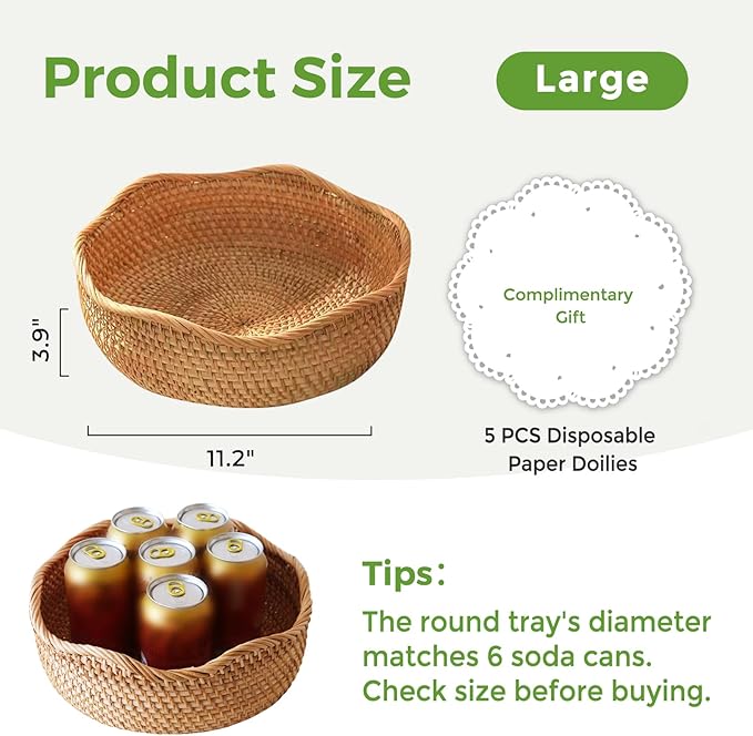 Bread Basket for Serving, Rattan Basket Bowl for Kitchen Counter, Natural Rattan Tray Wicker Baskets for Organizing, Decorative Bowl Bread Basket for Kitchen Counter Wicker Decor L ﻿