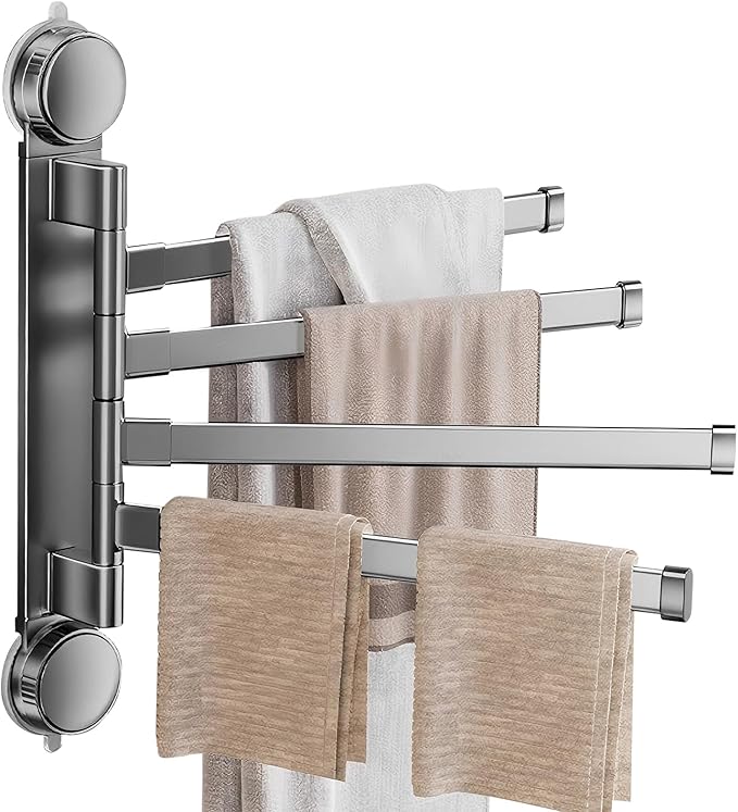 Suction Cup Towel Rack,Space Saving Wall Mounted Swivel Towel Holder, SUS304 Stainless Steel 4-Arm No Drilling Towel Bar for Bathroom, Kitchen-Grey