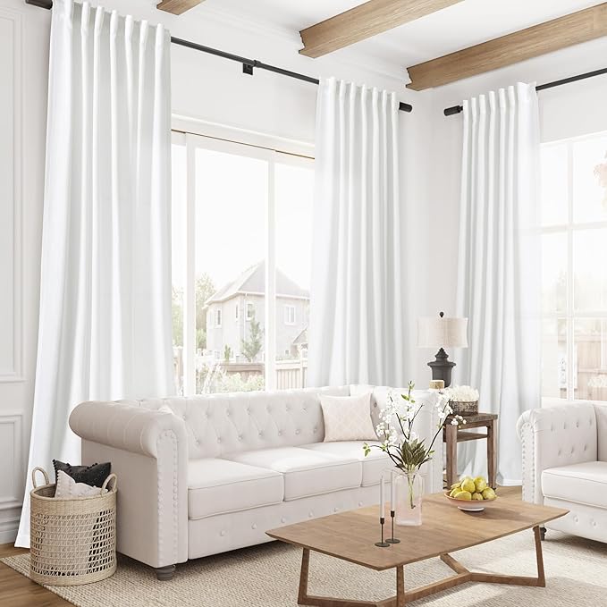Joywell Natural White Back Tab Rod Pocket Linen Curtains 120 Inches Long 2 Panels for Living Room Bedroom Neutral Boho Farmhouse Rustic Light Filtering Semi Sheer Curtains Window Treatment 52x120