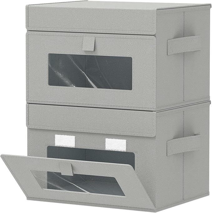 Storage Bins with Lids, Cube Organizer Basket with Window, Closet Boxes with Carrying 2 Handles and Sturdy PP Support Plate, 2 Pack, Grey, 10.2 x 7.9 x 6.7 In, XSNY17GS-2