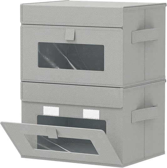 Storage Bins with Lids, Cube Organizer Basket with Window, Closet Boxes with Carrying 2 Handles and Sturdy PP Support Plate, 2 Pack, Grey, 10.2 x 7.9 x 6.7 In, XSNY17GS-2
