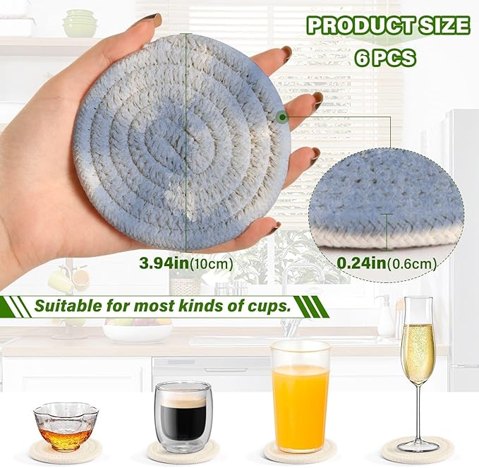 Handmade Cotton Absorbent Coaster Set of 6, Sea Drink Coasters, Minimalist Home Decor for Coffee Table, Kitchen, Housewarming and Wedding Registry Ideas