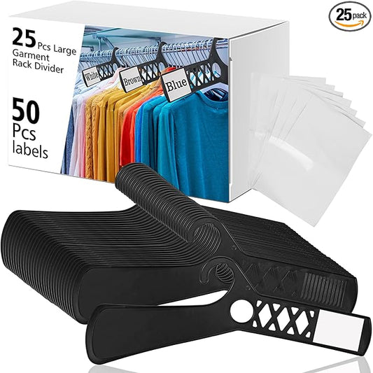 25 Pcs Large Garment Rack Divider and 50 Pcs White Blank Cards, 18 Inch Black Closet Dividers for Hanging Clothes, Plastic Clothing Rack Tag Dividers for Clothes Organization