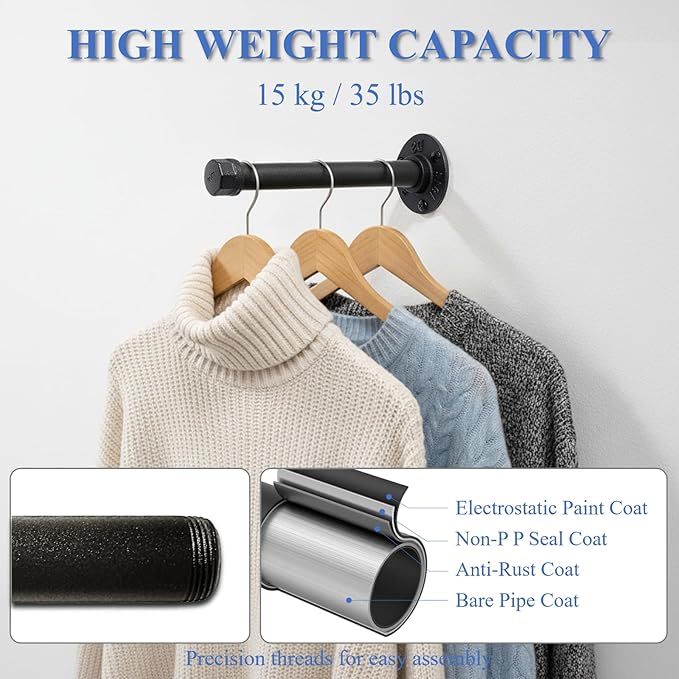 Wall Mounted Clothes Rack, Industrial Pipe Clothing Rack for Hanging Clothes, Heavy Duty Cast Iron Garment Racks for Wardrobe Organizers, DIY Closet Rods Closet Bar (Black 4 Pack, 8 Inch)