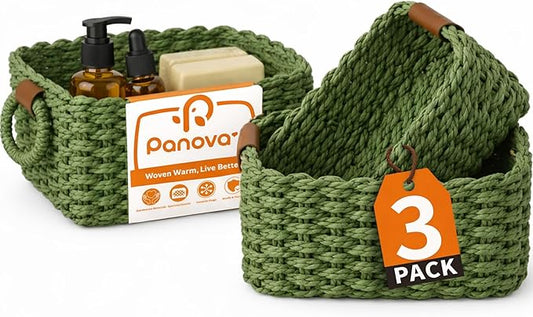 Storage Basket, Recycled Paper Rope Bathroom Basket Organizer, 3Pcs Small Baskets for Organizing, Mini wicker Basket for Decorative Storage Bins, Shelves, Bathroom, Cabinet - Green