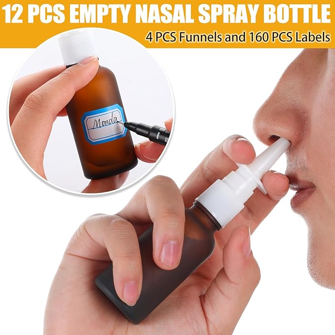 20 Pcs Nasal Spray Bottle, 30ML/1oz 12 Pcs Brown Empty Refillable Matte Glass Nasal Spray Bottle with 4 Funnels and 4 Labels