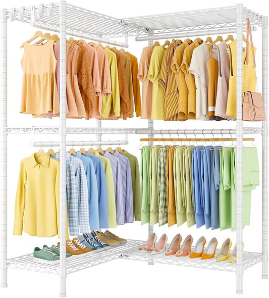 E15 Garment Rack L Shaped Clothes Rack for Corner，Freestanding Clothing Racks for Hanging Clothes，Heavy Duty Closet Organizer with 4 Hanging Rods & 8 S Hooks，43.3" W x 29.4" D x 78.4" H，White