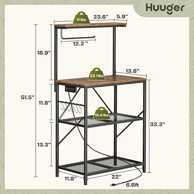 Huuger 4-Tier Bakers Rack with Reversible Power Outlet, 23.6 Inch Microwave Stand with Paper Towel Holder, Kitchen Bar, Larger Storage with Top Shelf, 6 S Hooks, Rustic Brown
