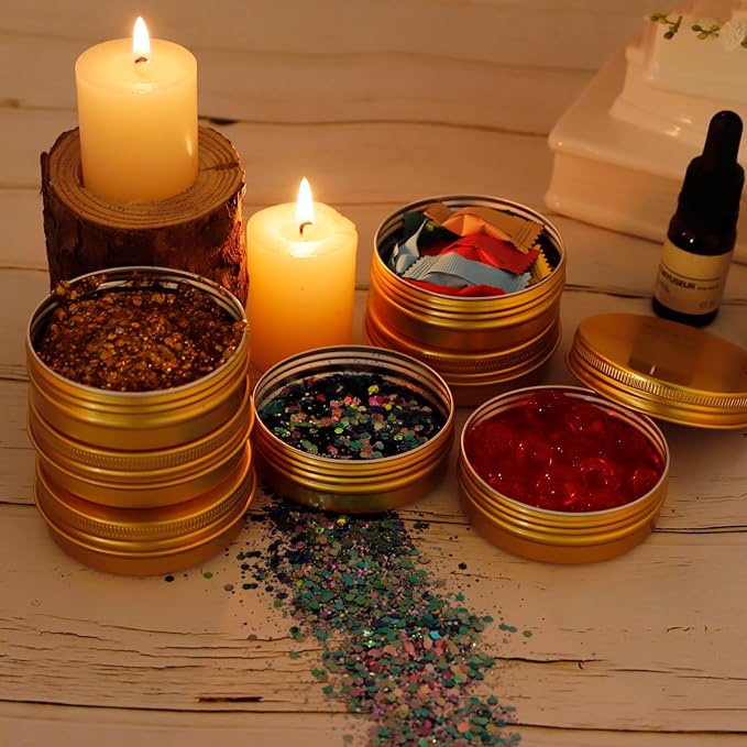 96 Pack Round Cans with Screw Lid 2 Oz Aluminum Metal Tins DIY Food Candle Containers for Lotion Bars, Balms, Salve, Spices, Beard Balm, Crafts with 4 Markers 3 Sheets Label Stickers (Gold)