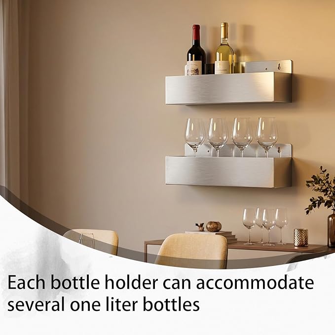 2 Pcs 22 Inch Single Speed Rail Stainless Steel Liquor Bottle Holder Silver Drink Rail Shelf Wall Mounted Spray Bottle Rack for Bars