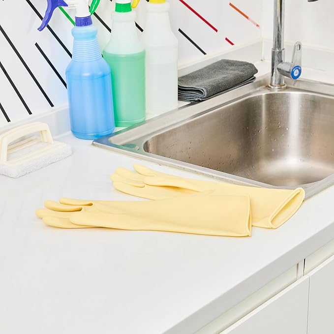 Clean Tek Professional 22 Mil Medium Cleaning Gloves, 10 Pairs Of Long Cuff Gloves - No-Slip Grip, No-Powder, Yellow Latex Gloves For Kitchen Cleaning, Ideal For Washing Dishes