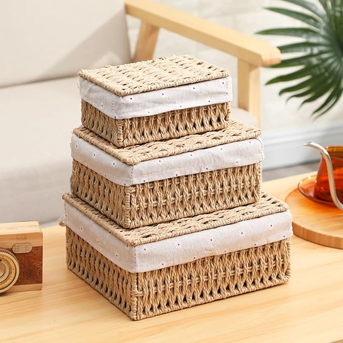 Woven Storage Baskets with Lids, Set of 3, Gray Paper Rope Wicker Bins with Lids & Removable Liners, Stackable Shelf Organizer Boxes for Bathroom Closet Nursery