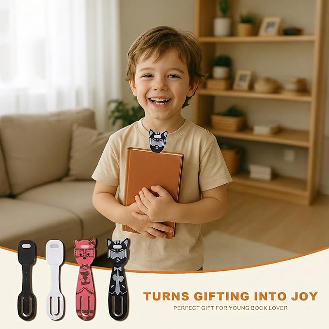 Rechargeable Kids Book Light, Cute Bookmark Reading Light for Kids, Dimmable Portable LED Book Light for Reading in Bed, Eye-Caring Bedtime Reading Lamp for Children & Travel, Black&Grey