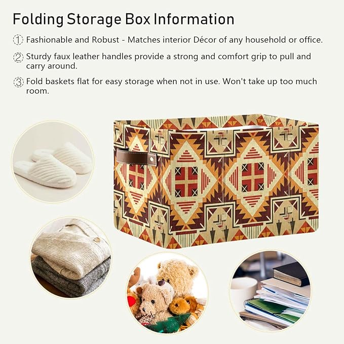 Storage Basket Native American Style Storage Bin Cube with Handles Foldable Storage Baskets for Shelves Living Room Home Decor 2PCS