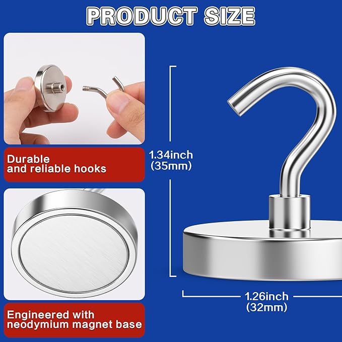 6Pack Strong Magnetic Hooks Heavy Duty, Magnet Hooks, 110lbs Metal Magnetic Hooks for Cruise Cabins, Magnet with Hooks, Magnet Hook, Magnetic Hook for Hanging, Refrigerator, Garage