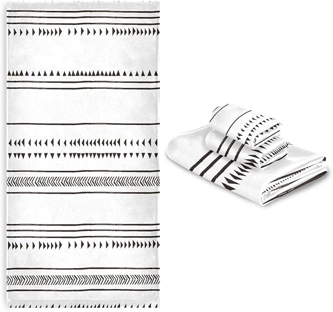 3 Piece Black and White Boho Bath Towels Set,Microfiber Absorbent Geometric Chic Triangle Minimalist Towels for Bathroom,1 Bath Towel,1 Hand Towel,1 Washcloth,Decorative Bathroom Towels