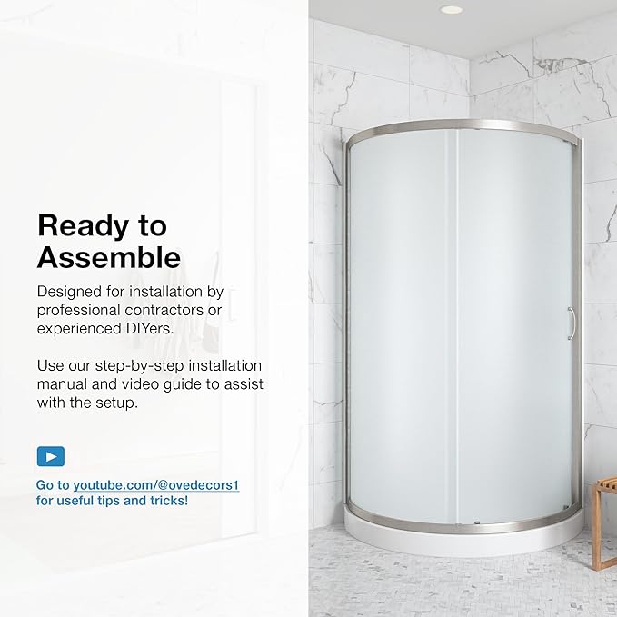 OVE Decors Breeze 36 in. Corner Shower Frosted Sliding Door with Base in Satin Nickel Finish