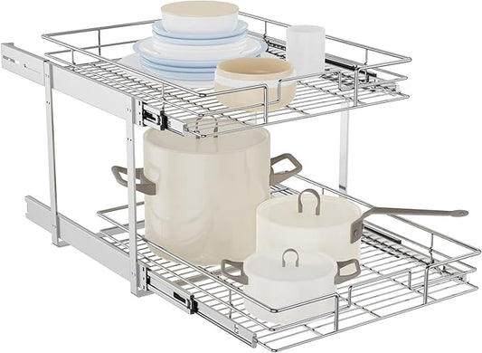 LOVMOR Individual Pull Out Cabinet Organizer, 2 Tier Slide Out Cabinet Drawers, Pots and Pans Organizer and Storage Pantry Shelf for Kitchen (20" W x 18" D)