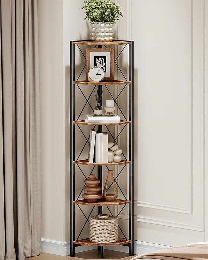 6-Tier Corner Shelf, Corner Bookcase, 66.9" Tall Vertical Display Rack, Plant Stand, Open Storage Shelf, for Living Room, Bedroom, Study, Kitchen, Rustic Brown and Black TCJ13BF