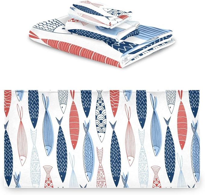 Colorful Fish Bath Towels Set,Absorbent Soft 3 Piece Vintage Nautical Costal Beach Theme Fishes Towels for Bathroom,1 Bath Towel 1 Hand Towel 1 Washcloth,Quick Dry Decoractive Bathroom Towels