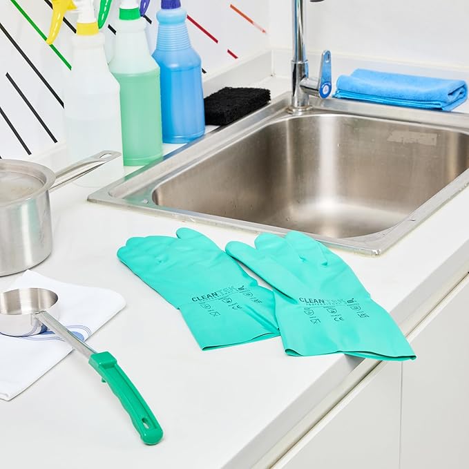 Green Cleaning Gloves 10 Pairs 15 Mil Thick XXL Heavy-Duty Nitrile Gloves With Long Cuff No-Latex Flock Lining For Use In Hospitals, Laboratories, Kitchens and Households