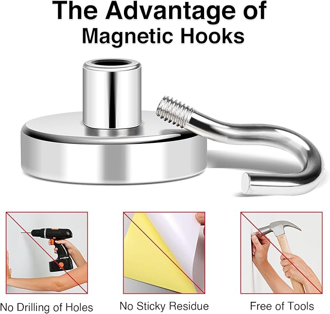 MIKEDE Magnetic Hooks, 50LB+ Heavy Duty Earth Magnets with Hook, Strong Magnets Hooks for Hanging, Cruise Ship, Magnetic Hanger Teacher Must Haves for Classroom, Cabins, Kitchen- 8 Pack