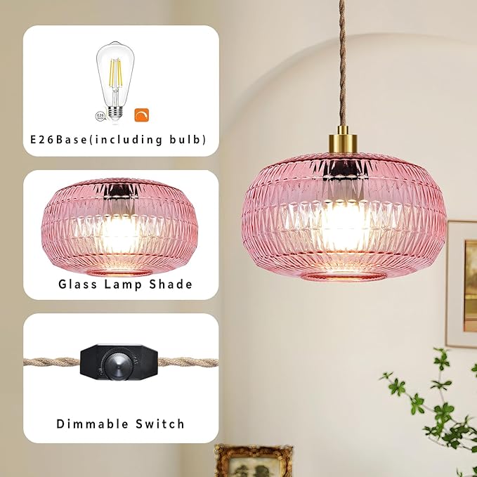 Pink Plug in Pendant Light Hanging Lights with Plug in Cord Boho Hanging Lamp Glass Gold Mid Century Modern Vintage Dimmable Flower Plug in Chandelier Ceiling Fixture for Living Room,Kitchen