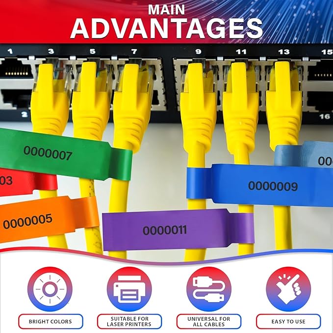 240 PCS Cable Labels Tags for Cable Management – 8 Bright Colors, Self-Adhesive, Tear-Resistant & Waterproof Cord Labels for Electronics | Tags for Wires - Writable or Printable with Laser Printer