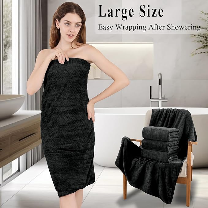 Black Bathroom Towels Set Of 4, 35x70 Inches Oversized Bath Towels Extra Large Microfiber Shower Towels Textured Ultra Soft Absorbent Quick Dry Towel Bath Sheets Towels For Adults Bathroom Hotel Spa