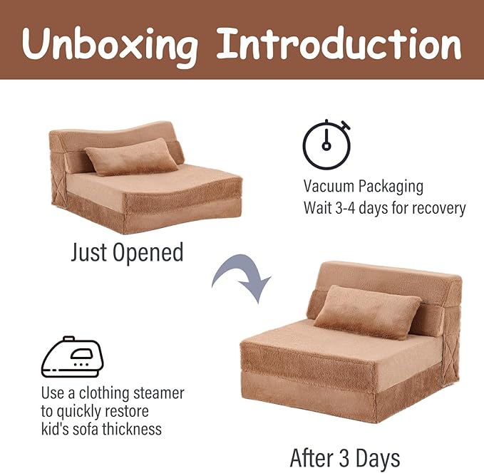 Tiita Convertible Folding Kids Sofa Bed with Pillow & Storage Bag, Plush Fabric Floor Mattress Couch Bed, Washable Cover, Kids Room, Playroom, Dorm, Apartment, Brown